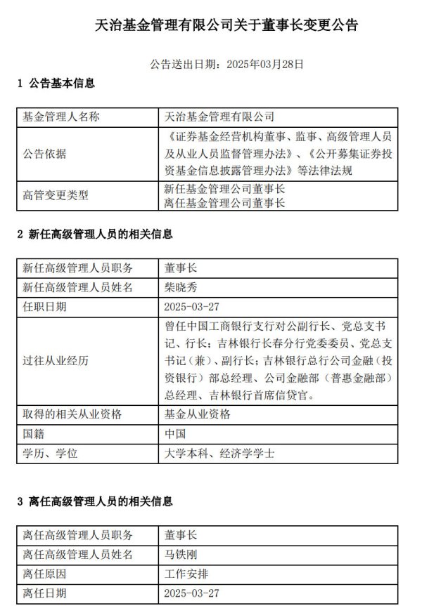 炒股配资开户网站 天治基金董事长马铁刚离职，柴晓秀接任